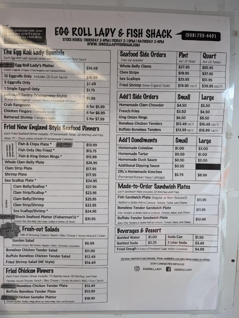 Printed menu highlighting fried clams and fish dishes.